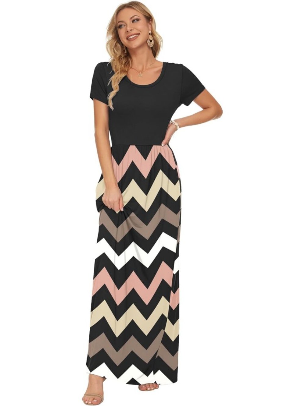 Women's Classic Short Sleeve Loose Striped Black Casual Long Maxi Dresses - Picture 3 of 5